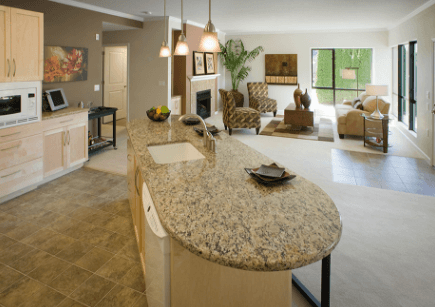 Open concept kitchen and living room in a Patio Home