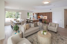 Living room space with kitchen shown in the background